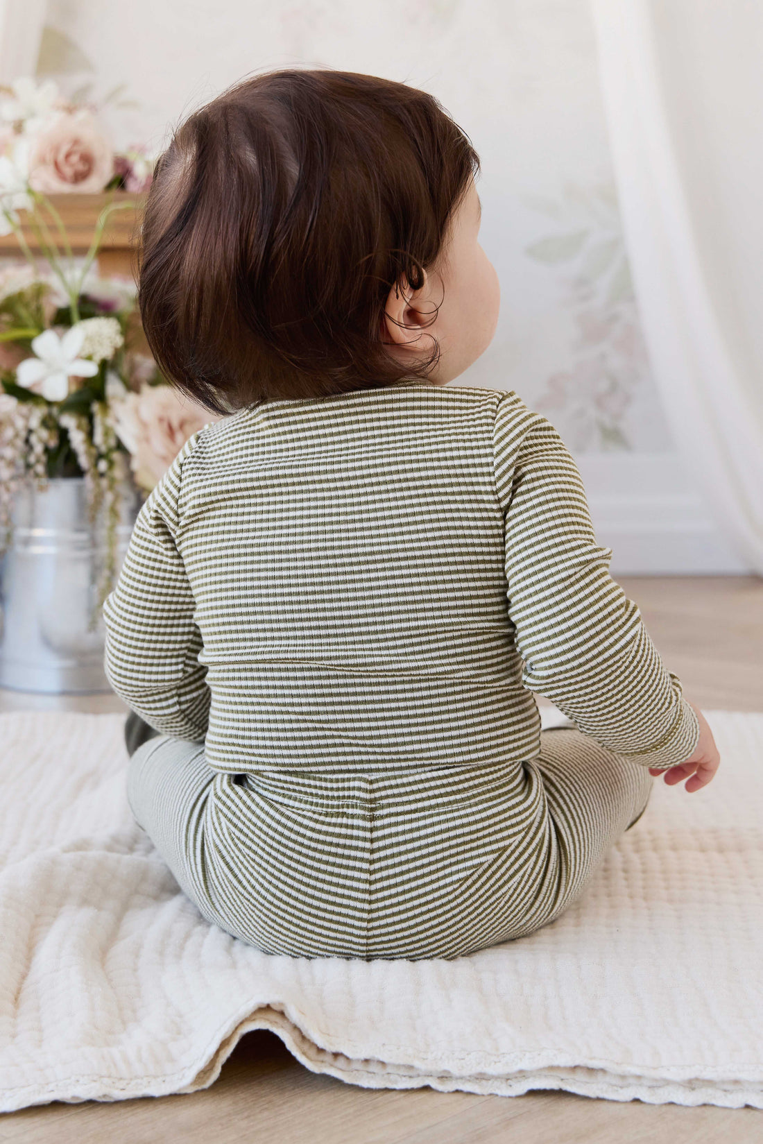 Organic Cotton Modal Long Sleeve Bodysuit - Petite Stripe Avocado Oil / Cloud Childrens Bodysuit from Jamie Kay Australia