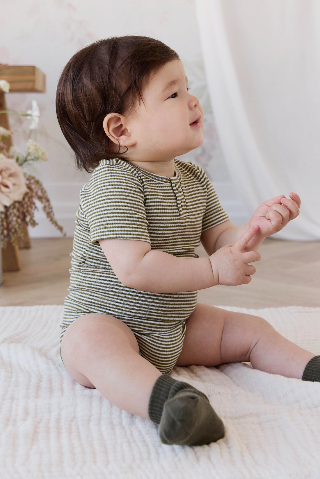 Organic Cotton Modal Darcy Rib Tee Bodysuit - Petite Stripe Avocado Oil / Cloud Childrens Bodysuit from Jamie Kay Australia