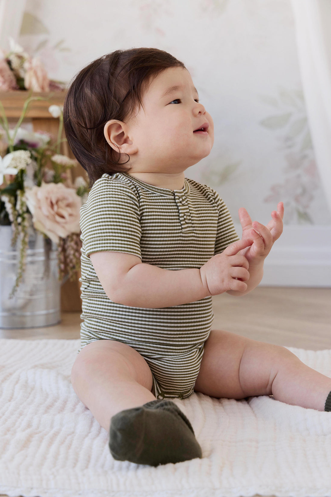 Organic Cotton Modal Darcy Rib Tee Bodysuit - Petite Stripe Avocado Oil / Cloud Childrens Bodysuit from Jamie Kay Australia