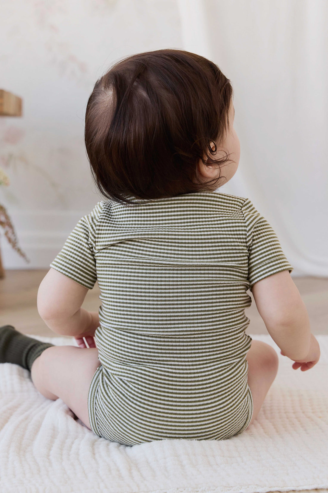 Organic Cotton Modal Darcy Rib Tee Bodysuit - Petite Stripe Avocado Oil / Cloud Childrens Bodysuit from Jamie Kay Australia