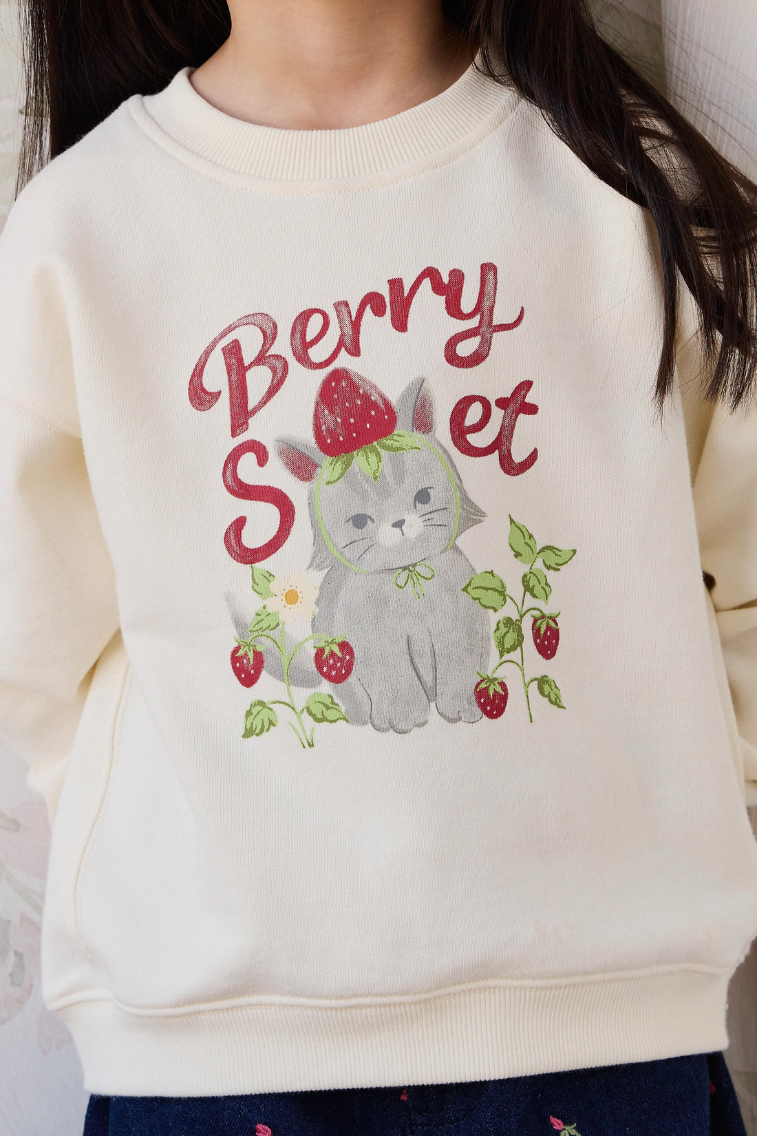Organic Cotton Rhea Sweatshirt - Berry Cat Egret Childrens Sweatshirt from Jamie Kay Australia