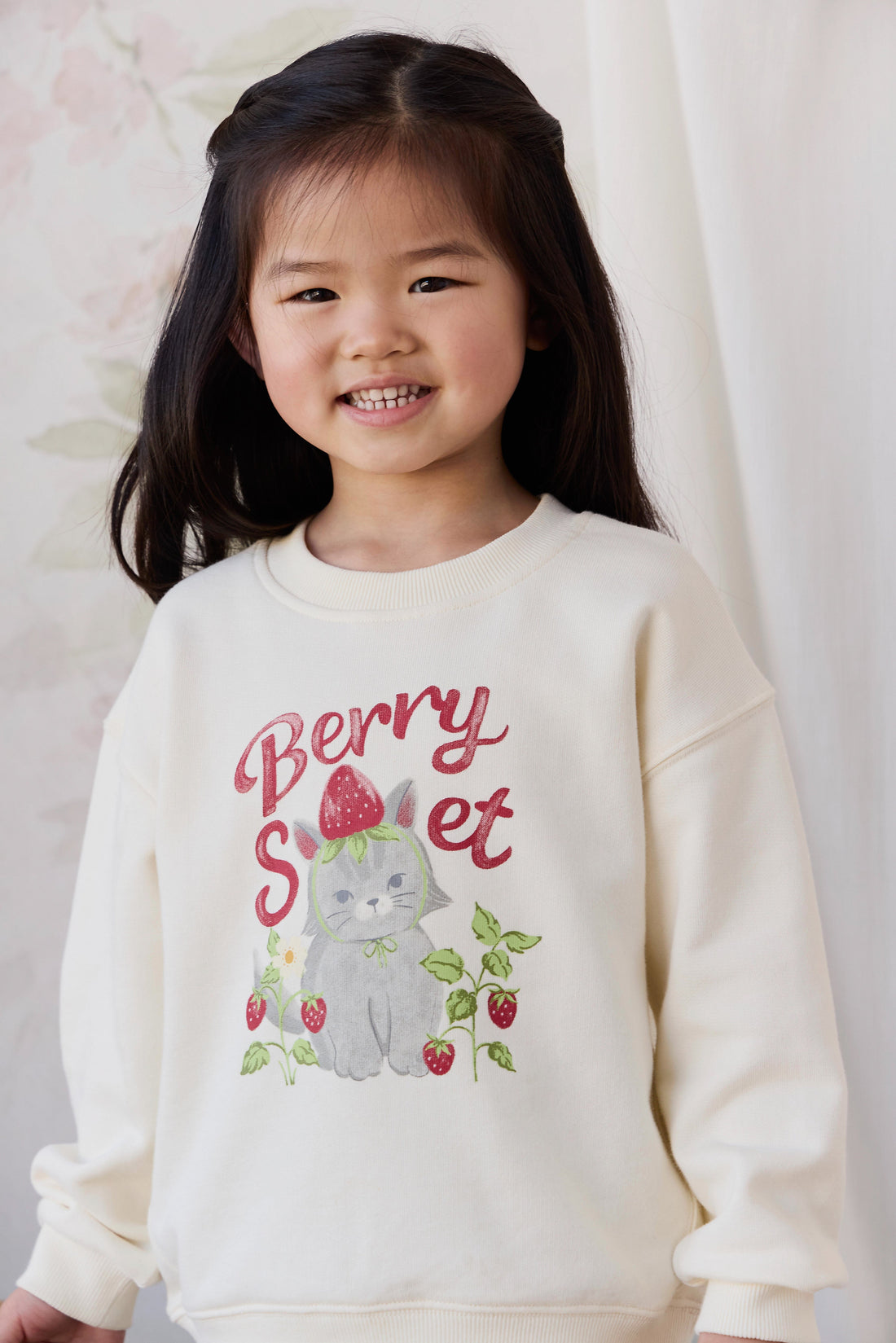 Organic Cotton Rhea Sweatshirt - Berry Cat Egret Childrens Sweatshirt from Jamie Kay Australia