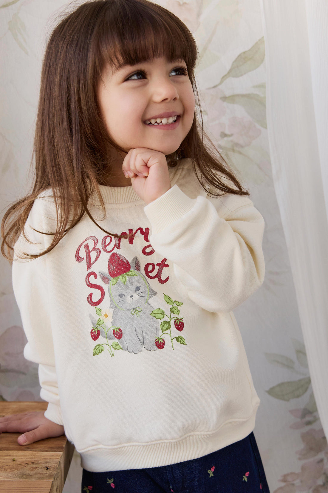 Organic Cotton Rhea Sweatshirt - Berry Cat Egret Childrens Sweatshirt from Jamie Kay Australia