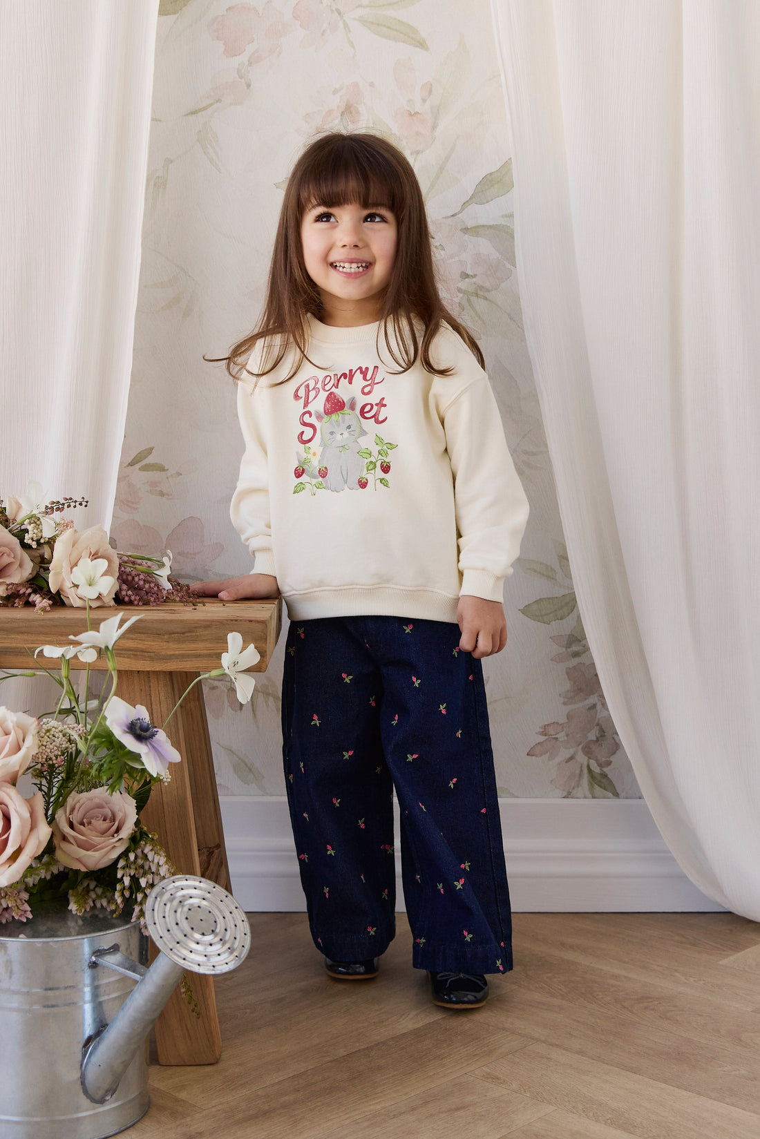 Organic Cotton Rhea Sweatshirt - Berry Cat Egret Childrens Sweatshirt from Jamie Kay Australia