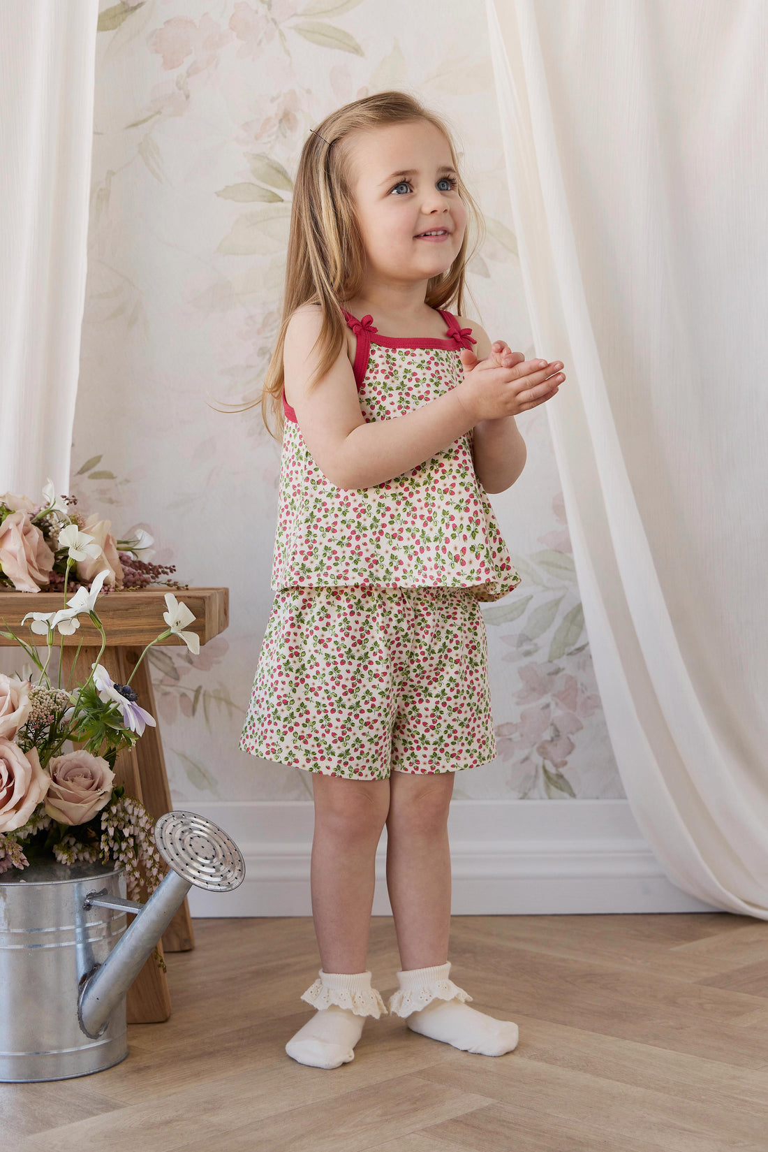 Organic Cotton Jaida Pyjama Singlet Set - Cottage Strawberries Childrens Pyjamas from Jamie Kay Australia