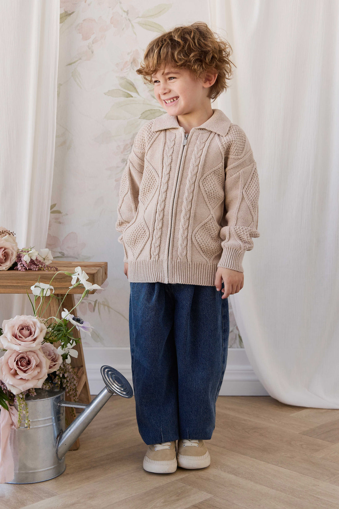 Simon Zip-Up Cardigan - Wheat Childrens Cardigan from Jamie Kay Australia