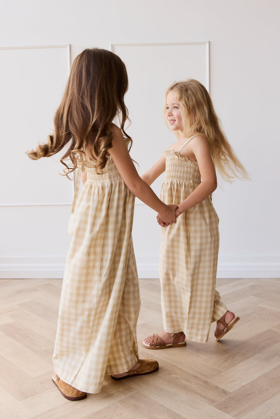 Organic Cotton Arabella Jumpsuit - Gingham Pale Khaki Childrens Jumpsuit from Jamie Kay Australia