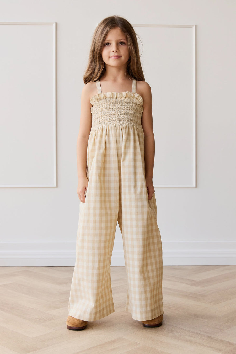 Organic Cotton Arabella Jumpsuit - Gingham Pale Khaki Childrens Jumpsuit from Jamie Kay Australia