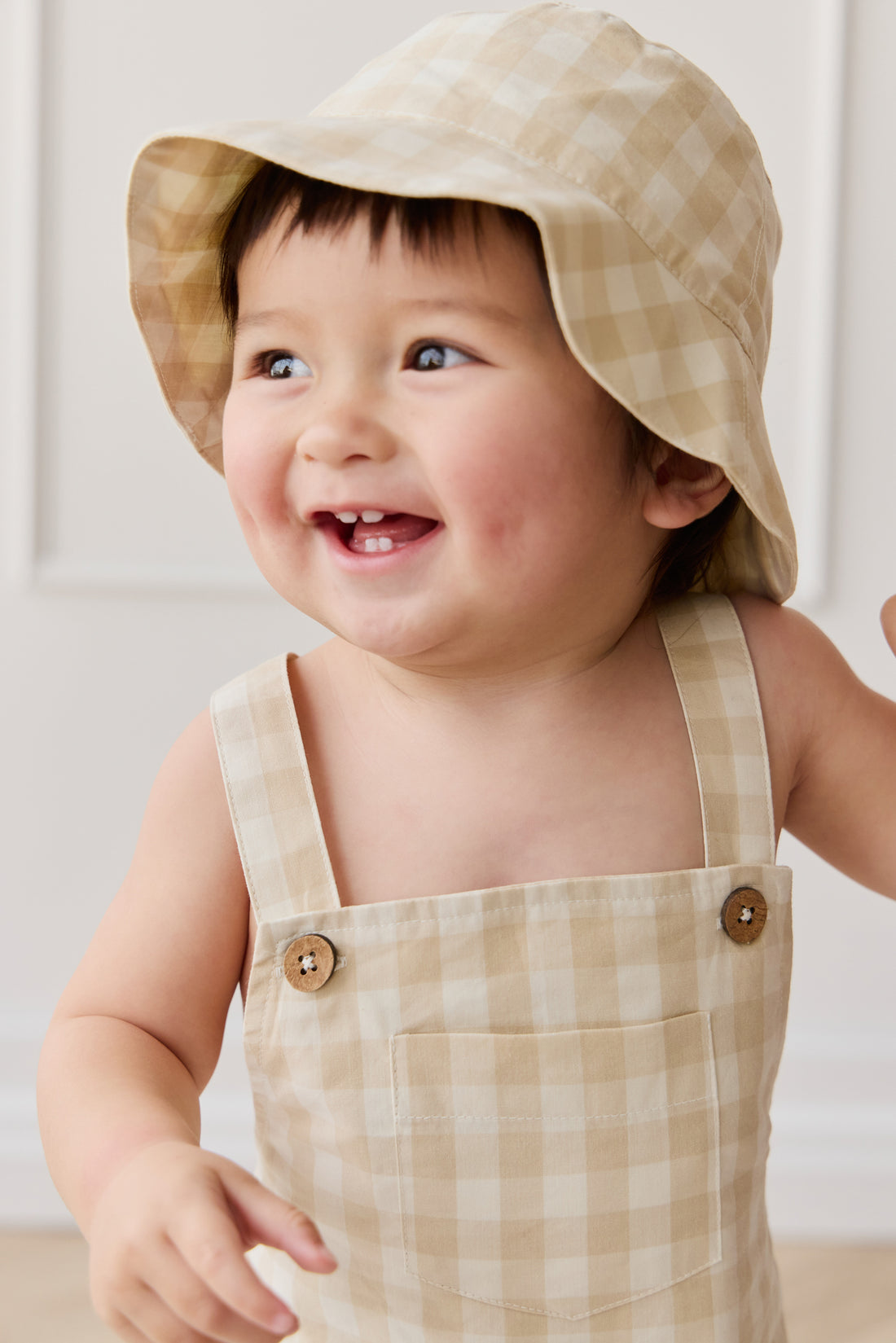 Organic Cotton Bucket Hat - Gingham Pale Khaki Childrens Hat from Jamie Kay Australia