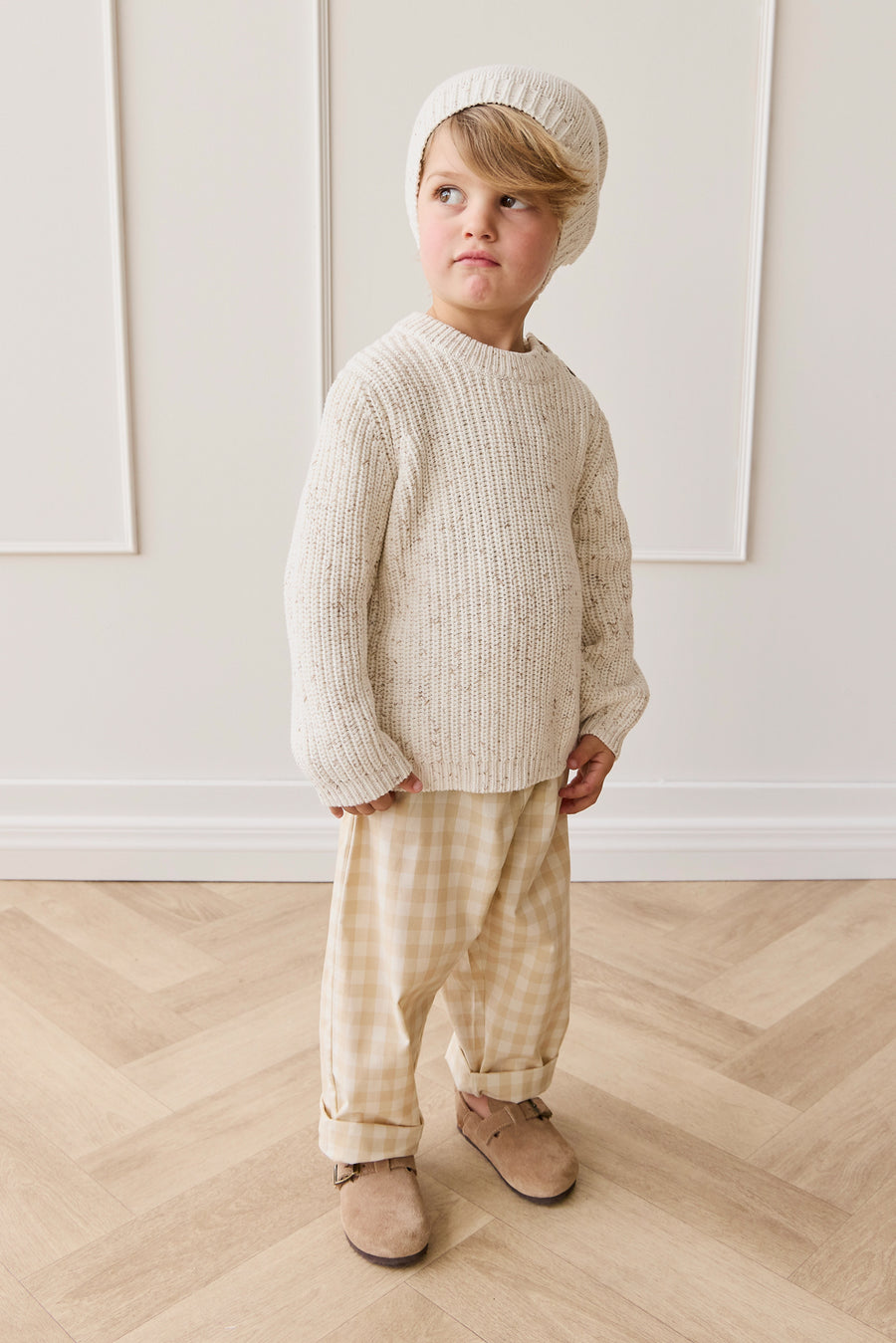 Organic Cotton Kingston Pant - Gingham Pale Khaki Childrens Pant from Jamie Kay Australia