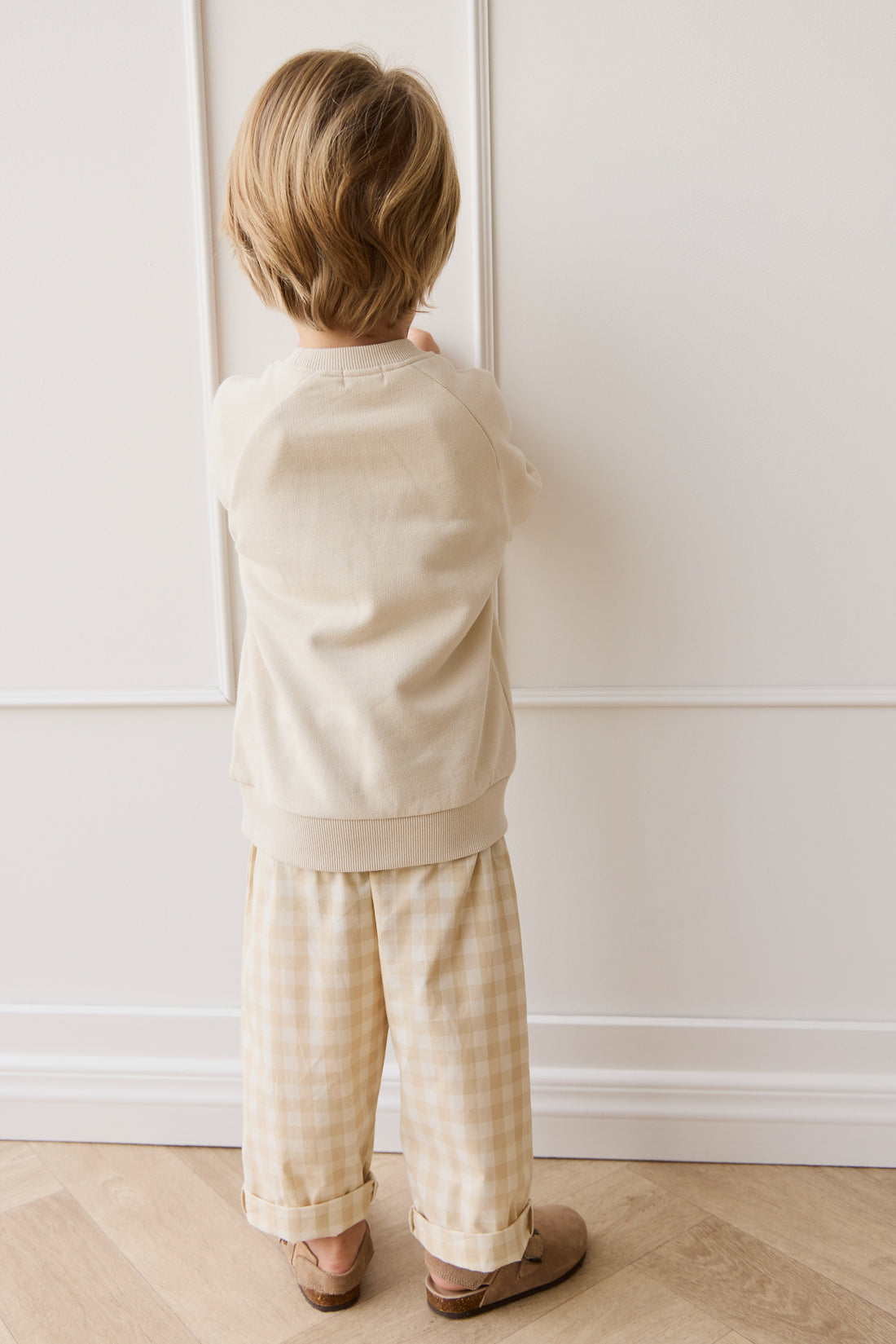 Organic Cotton Kingston Pant - Gingham Pale Khaki Childrens Pant from Jamie Kay Australia