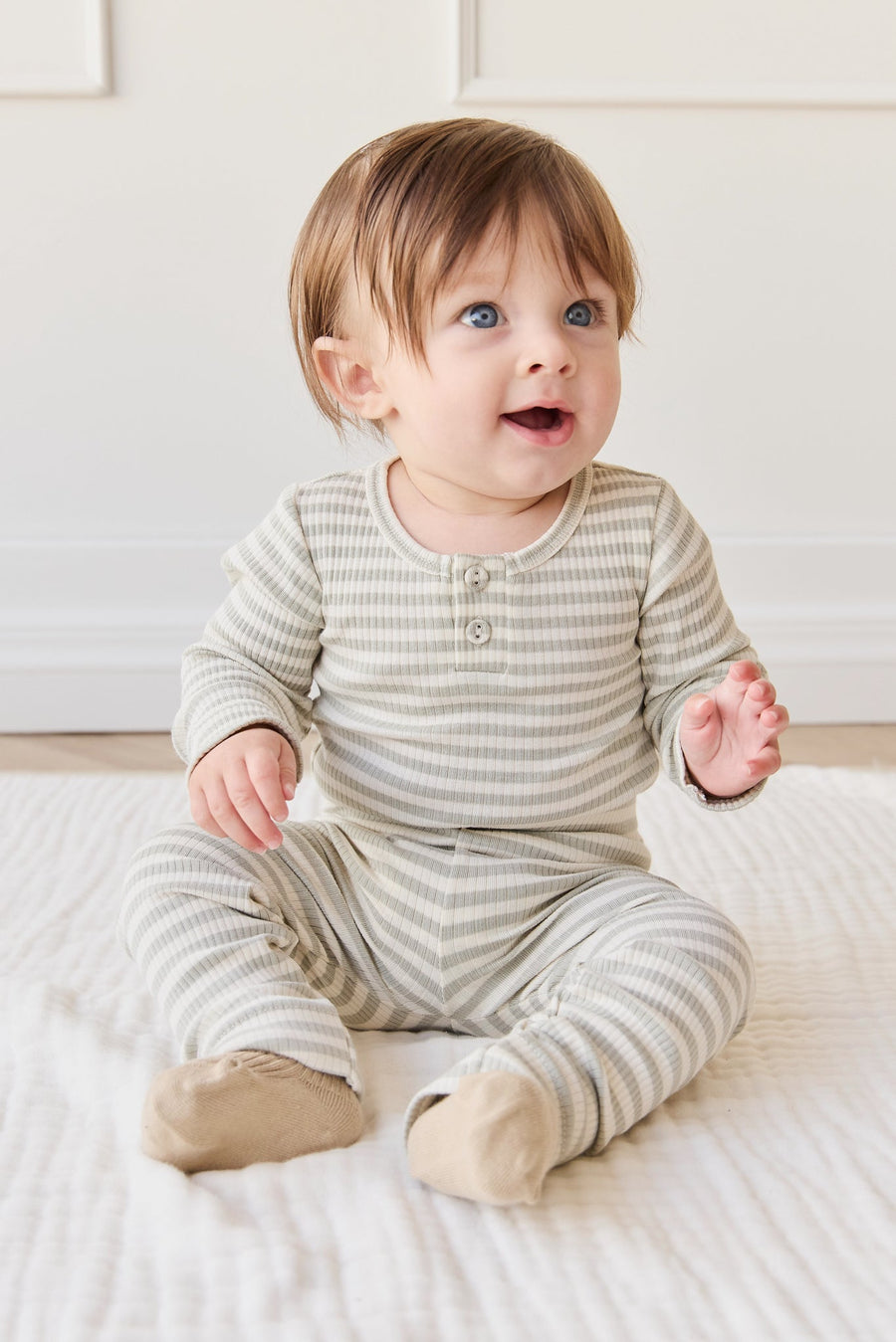Organic Cotton Modal Long Sleeve Bodysuit - Slim Stripe Raindance/Cloud Childrens Bodysuit from Jamie Kay Australia