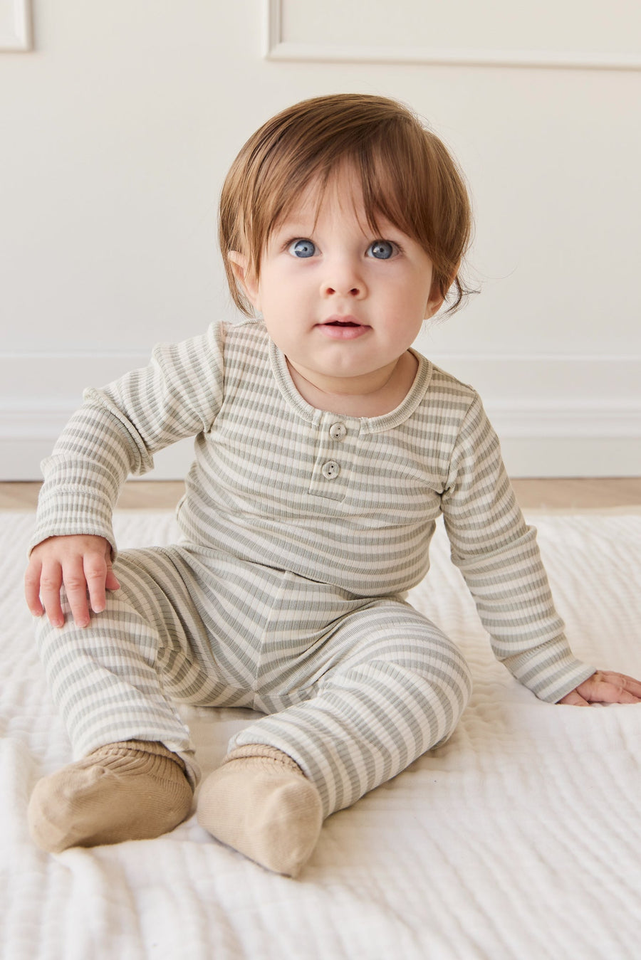 Organic Cotton Modal Legging - Slim Stripe Raindance/Cloud Childrens Legging from Jamie Kay Australia