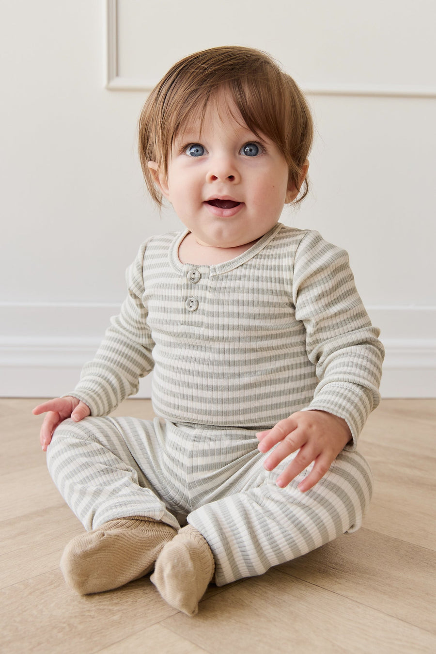 Organic Cotton Modal Long Sleeve Bodysuit - Slim Stripe Raindance/Cloud Childrens Bodysuit from Jamie Kay Australia