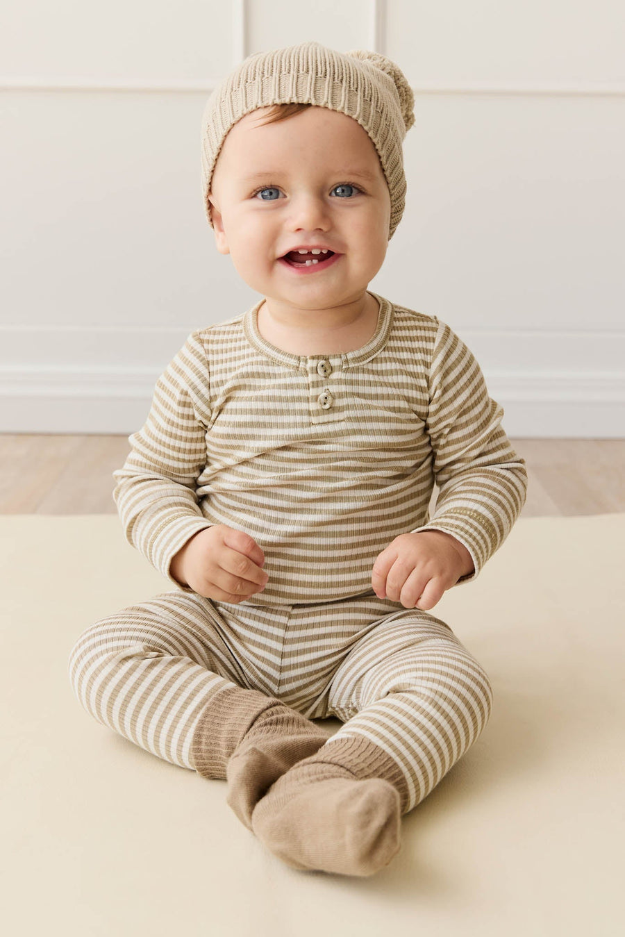 Organic Cotton Modal Long Sleeve Bodysuit - Narrow Stripe Balm/Cloud Childrens Bodysuit from Jamie Kay Australia