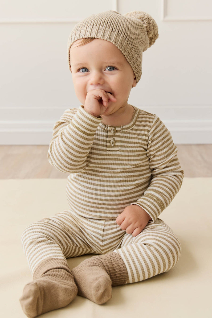 Organic Cotton Modal Everyday Legging - Narrow Stripe Balm/Cloud Childrens Legging from Jamie Kay Australia