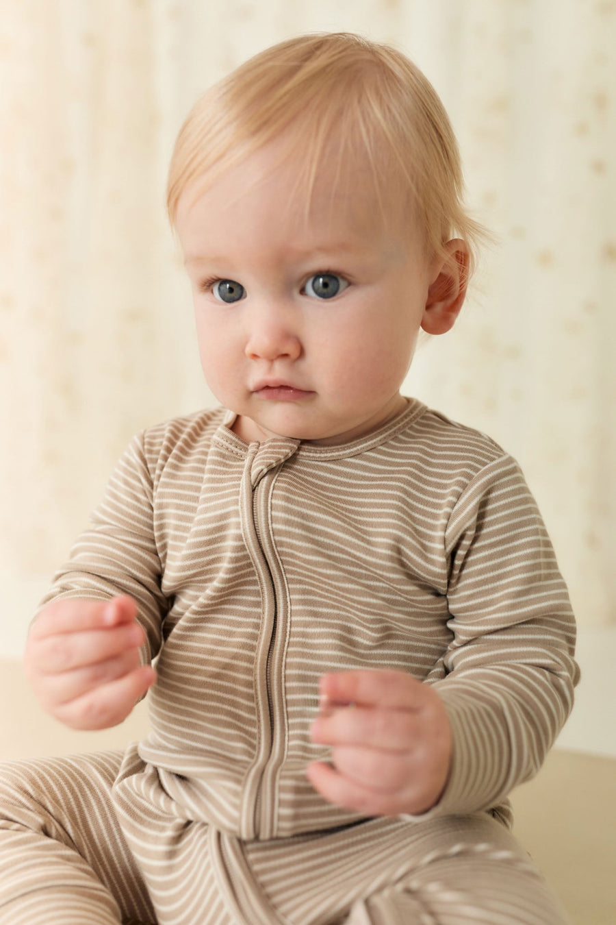 Pima Cotton Frankie Zip Onepiece - Vintage Taupe/Cloud Stripe Childrens Onepiece from Jamie Kay Australia