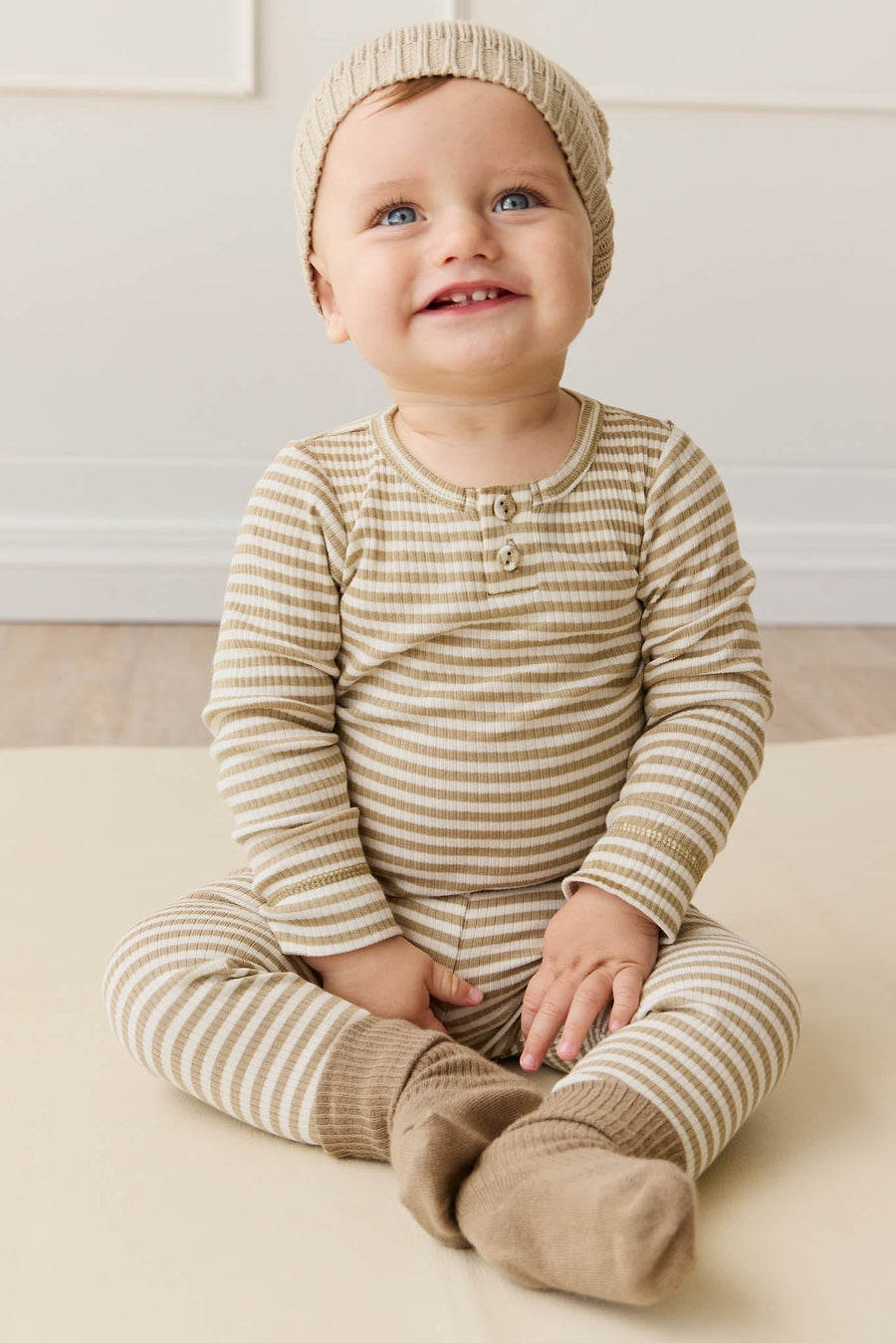 Organic Cotton Modal Long Sleeve Bodysuit - Narrow Stripe Balm/Cloud Childrens Bodysuit from Jamie Kay Australia