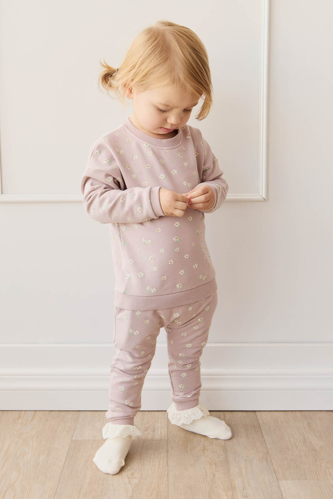 Organic Cotton Morgan Track Pant - Simple Flowers Lilac Childrens Pant from Jamie Kay Australia