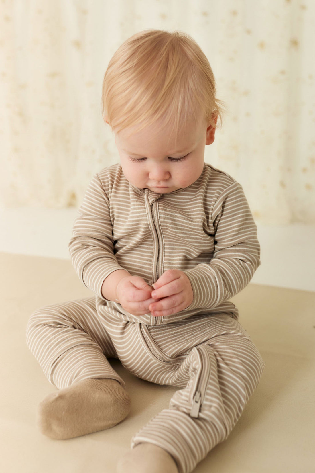 Pima Cotton Frankie Zip Onepiece - Vintage Taupe/Cloud Stripe Childrens Onepiece from Jamie Kay Australia