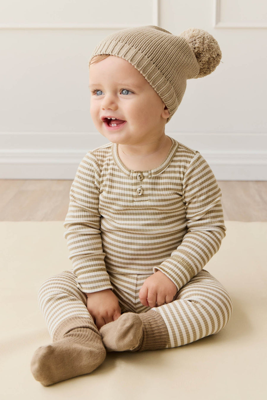 Organic Cotton Modal Long Sleeve Bodysuit - Narrow Stripe Balm/Cloud Childrens Bodysuit from Jamie Kay Australia