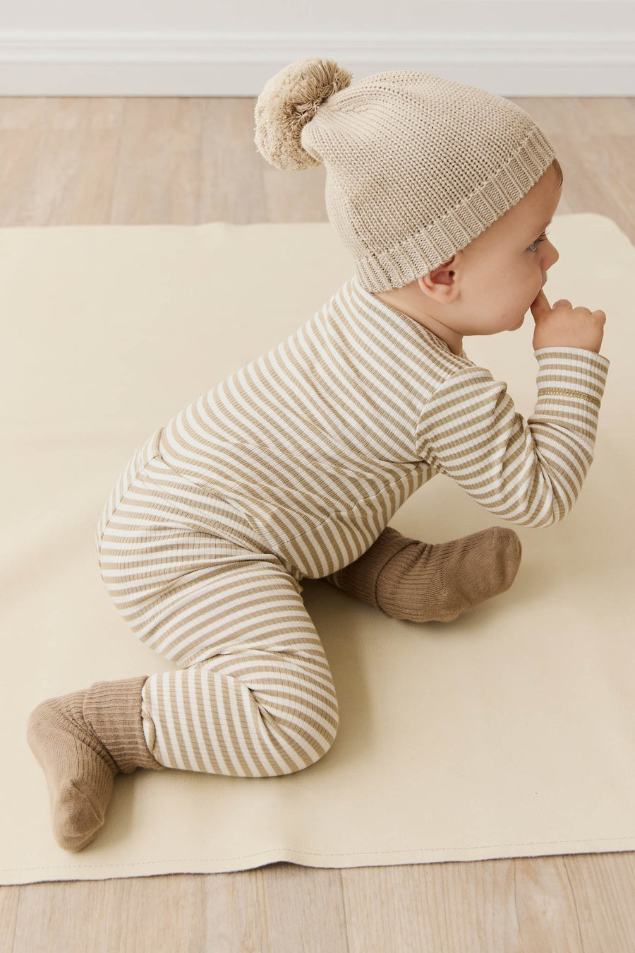 Organic Cotton Modal Long Sleeve Bodysuit - Narrow Stripe Balm/Cloud Childrens Bodysuit from Jamie Kay Australia