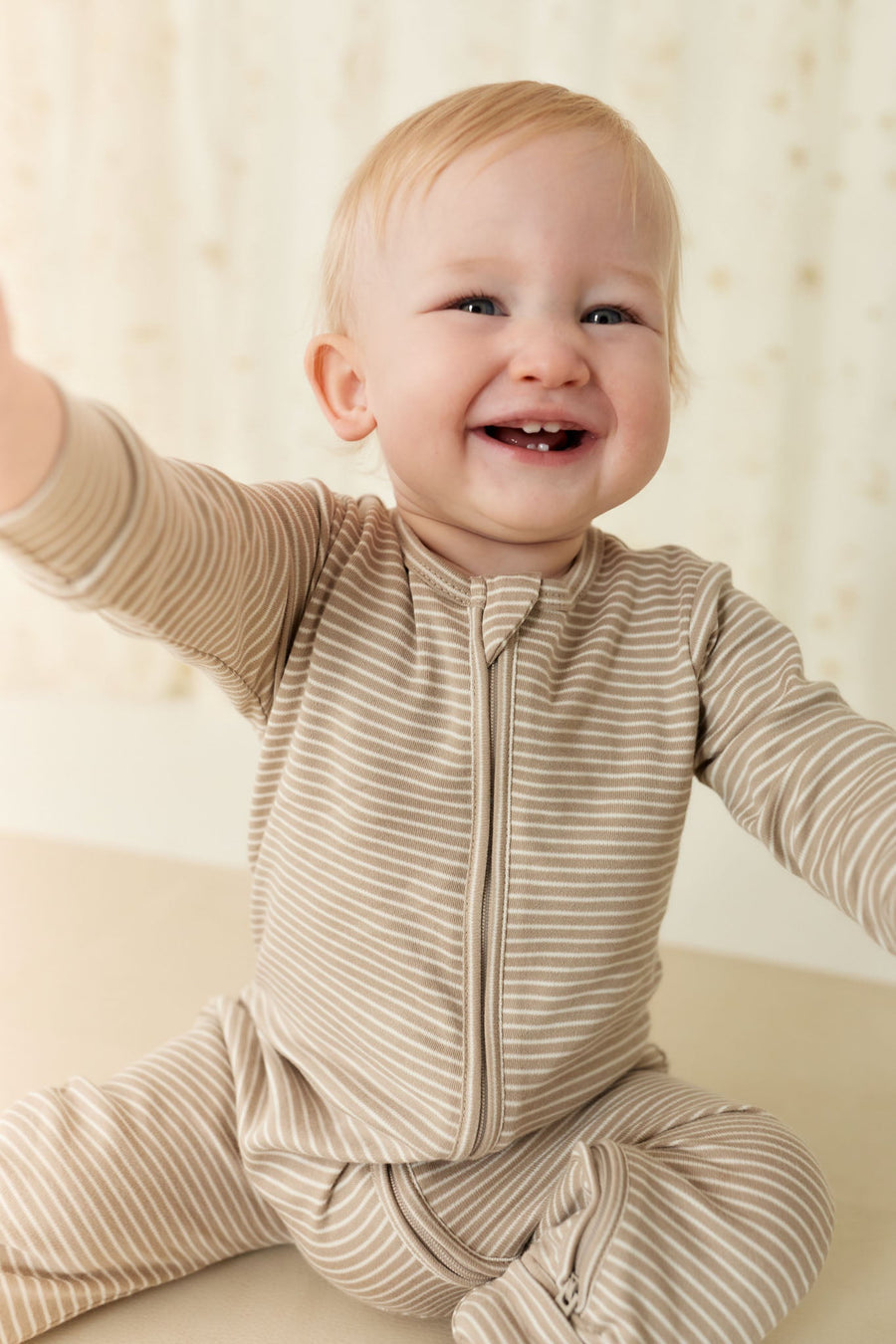 Pima Cotton Frankie Zip Onepiece - Vintage Taupe/Cloud Stripe Childrens Onepiece from Jamie Kay Australia