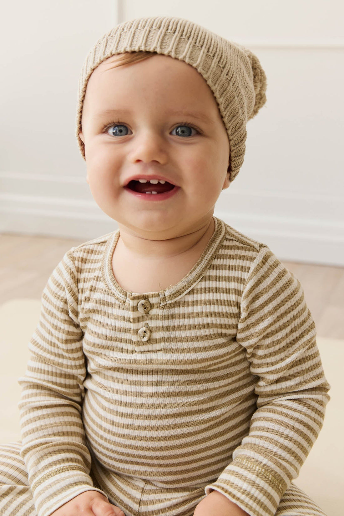 Organic Cotton Modal Long Sleeve Bodysuit - Narrow Stripe Balm/Cloud Childrens Bodysuit from Jamie Kay Australia