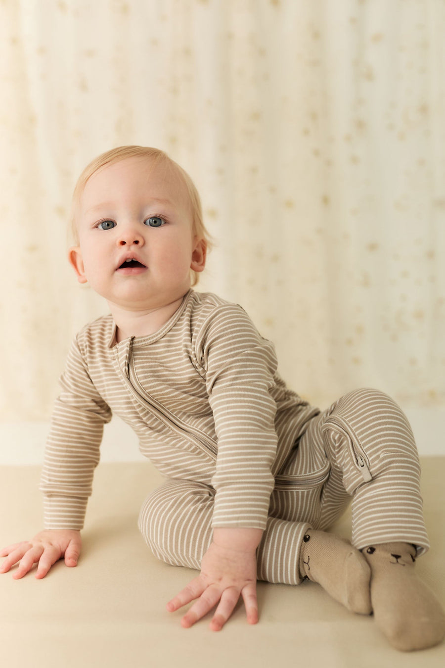 Pima Cotton Frankie Zip Onepiece - Vintage Taupe/Cloud Stripe Childrens Onepiece from Jamie Kay Australia