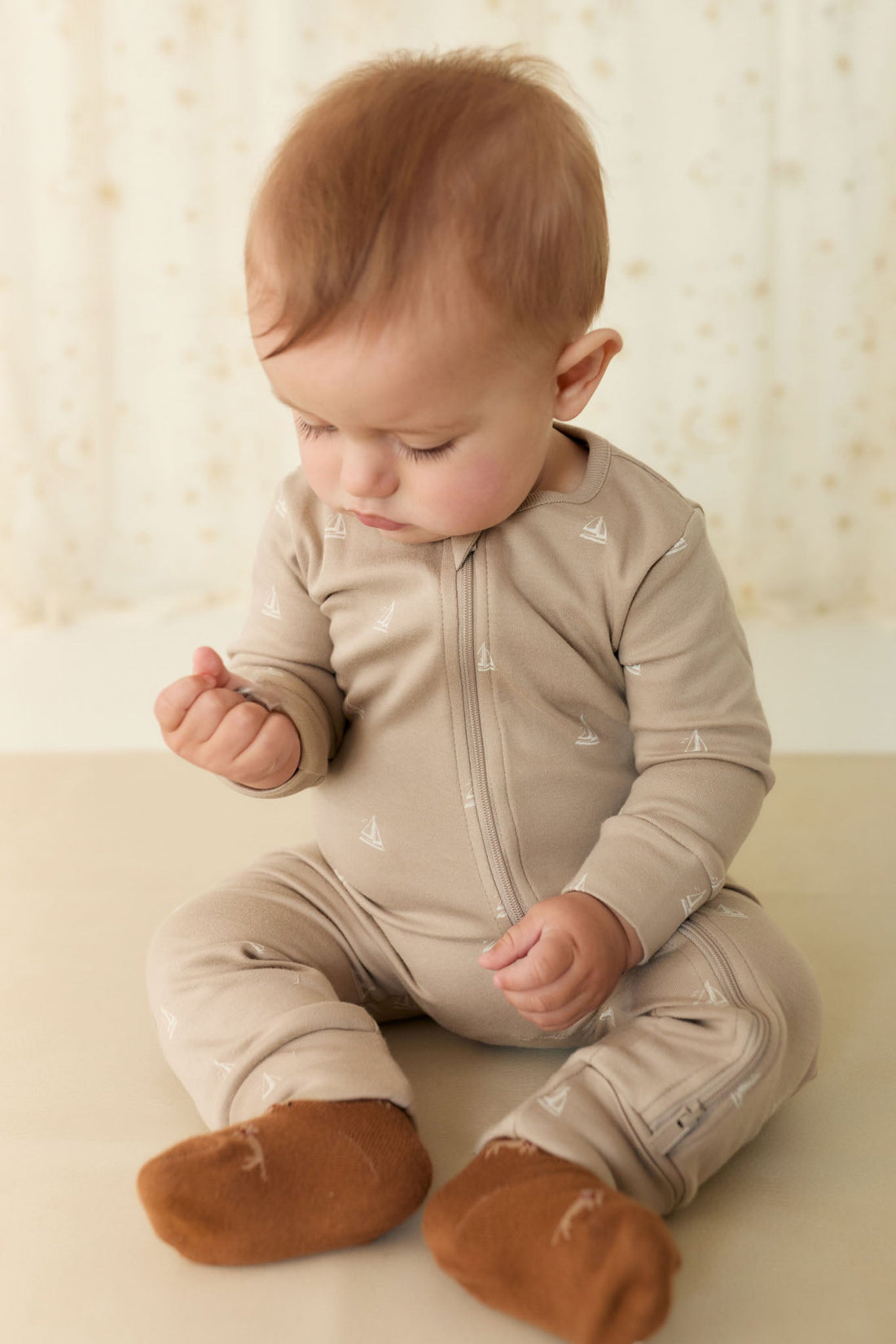 Organic Cotton Reese Zip Onepiece - Set Sail Vintage Taupe Childrens Onepiece from Jamie Kay Australia