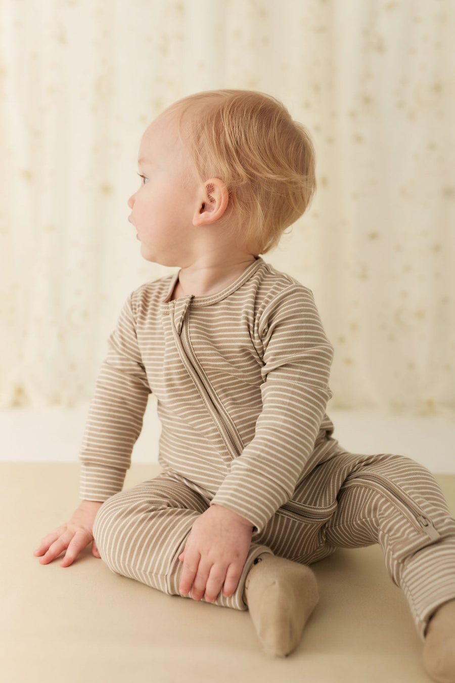 Pima Cotton Frankie Zip Onepiece - Vintage Taupe/Cloud Stripe Childrens Onepiece from Jamie Kay Australia