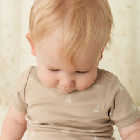 Organic Cotton Hudson Short Sleeve Bodysuit - Set Sail Vintage Taupe Childrens Bodysuit from Jamie Kay Australia