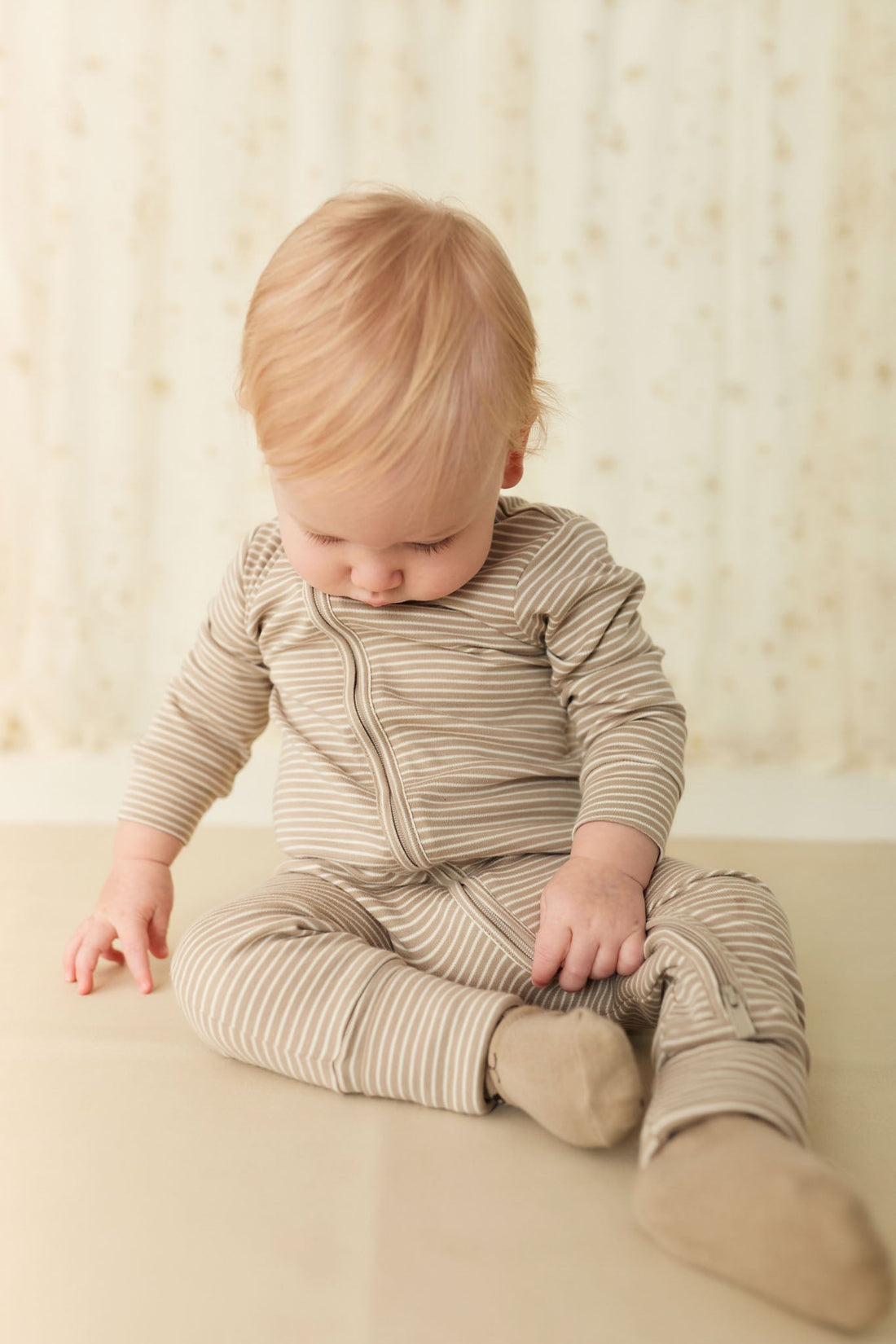 Pima Cotton Frankie Zip Onepiece - Vintage Taupe/Cloud Stripe Childrens Onepiece from Jamie Kay Australia