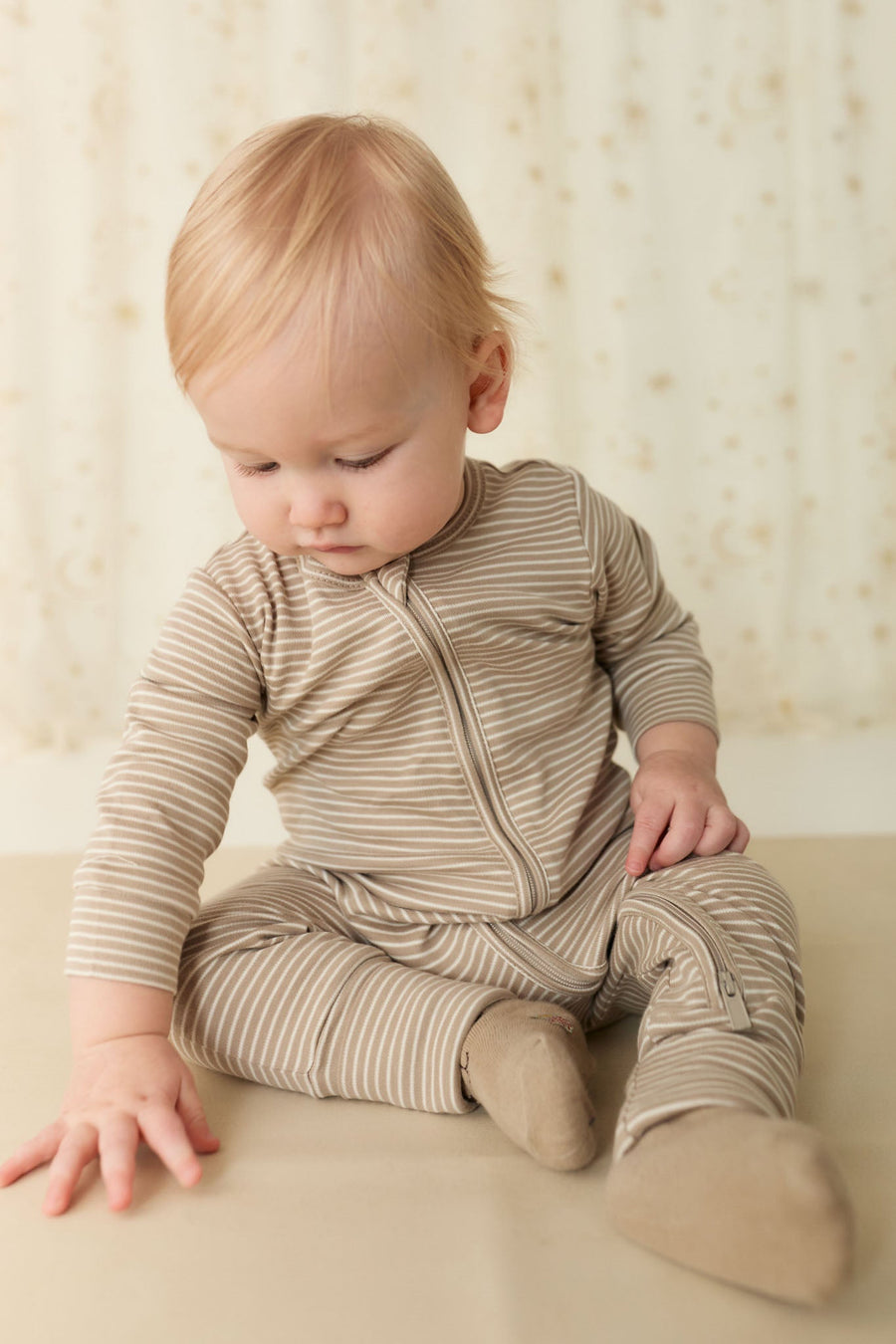 Pima Cotton Frankie Zip Onepiece - Vintage Taupe/Cloud Stripe Childrens Onepiece from Jamie Kay Australia