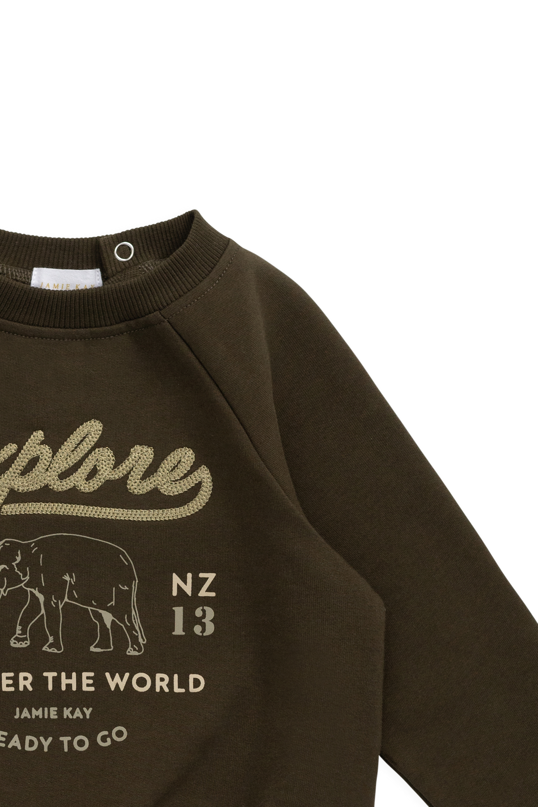 Organic Cotton Duncan Sweatshirt - Deep Olive Elephant Explore Childrens Sweatshirt from Jamie Kay Australia