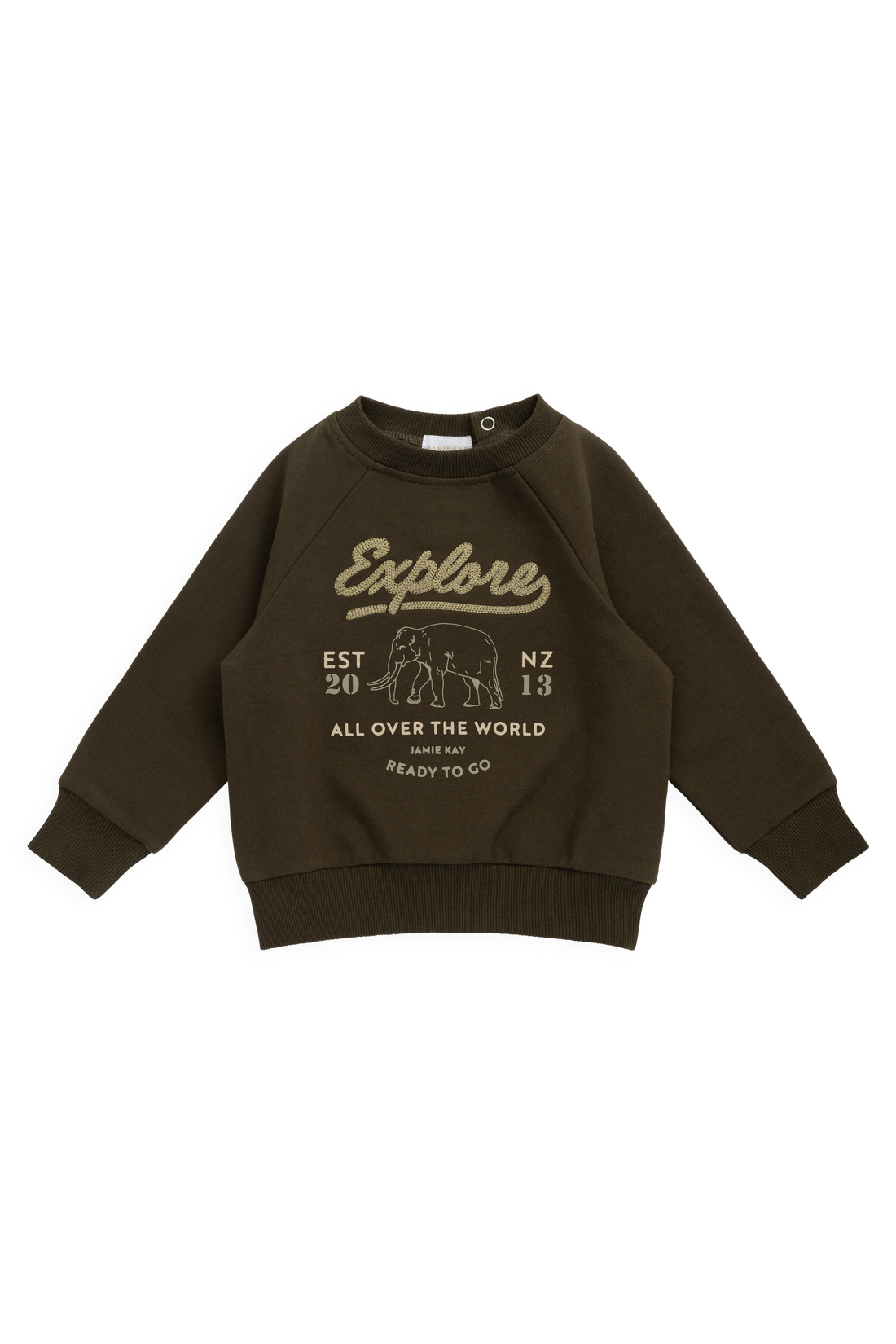 Organic Cotton Duncan Sweatshirt - Deep Olive Elephant Explore Childrens Sweatshirt from Jamie Kay Australia