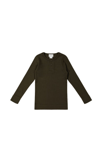 Organic Cotton Modal Long Sleeve Henley - Bistre Childrens Top from Jamie Kay Australia