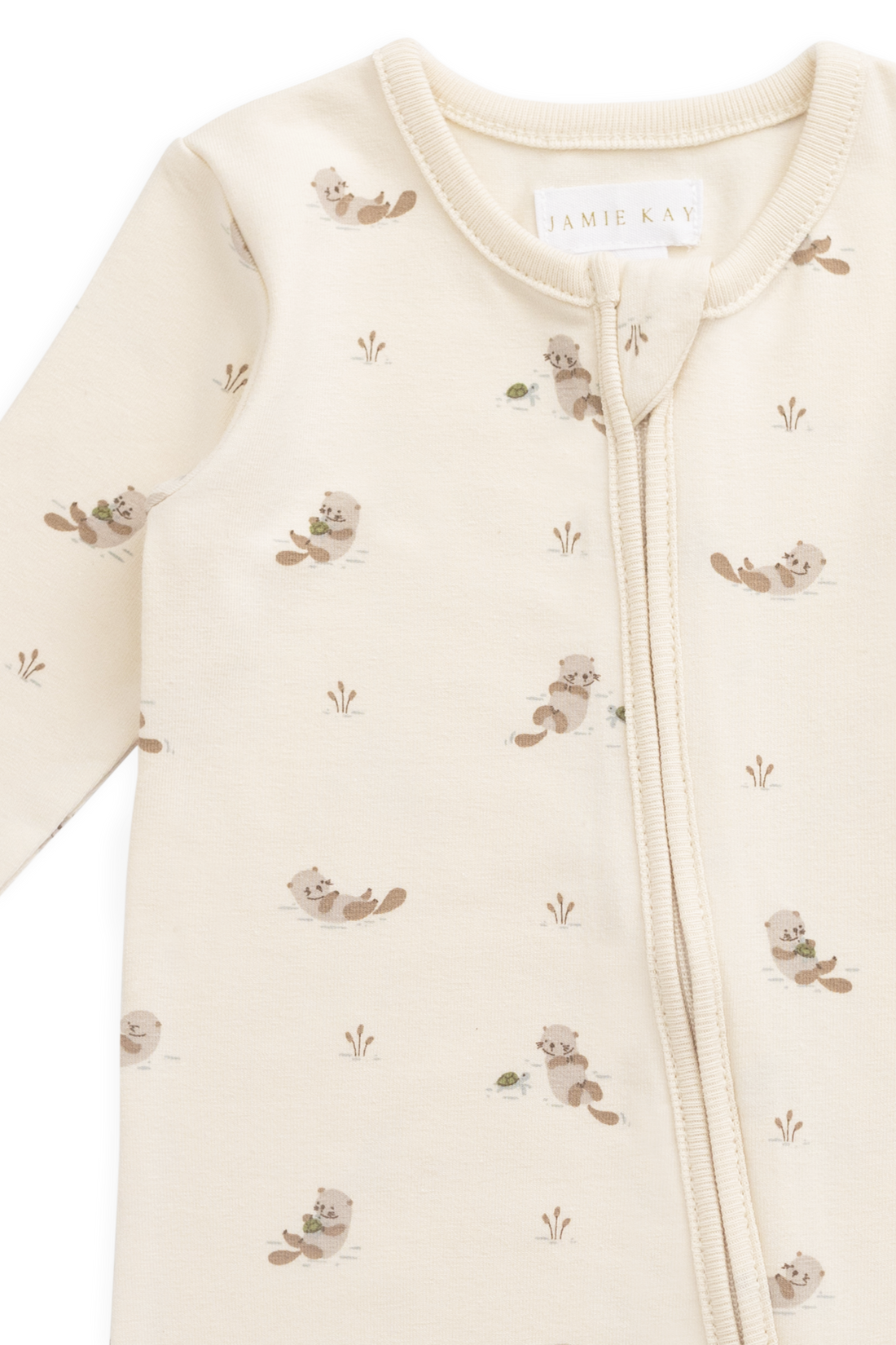 Organic Cotton Reese Zip Onepiece - Otter Buddies Tofu Childrens Onepiece from Jamie Kay Australia