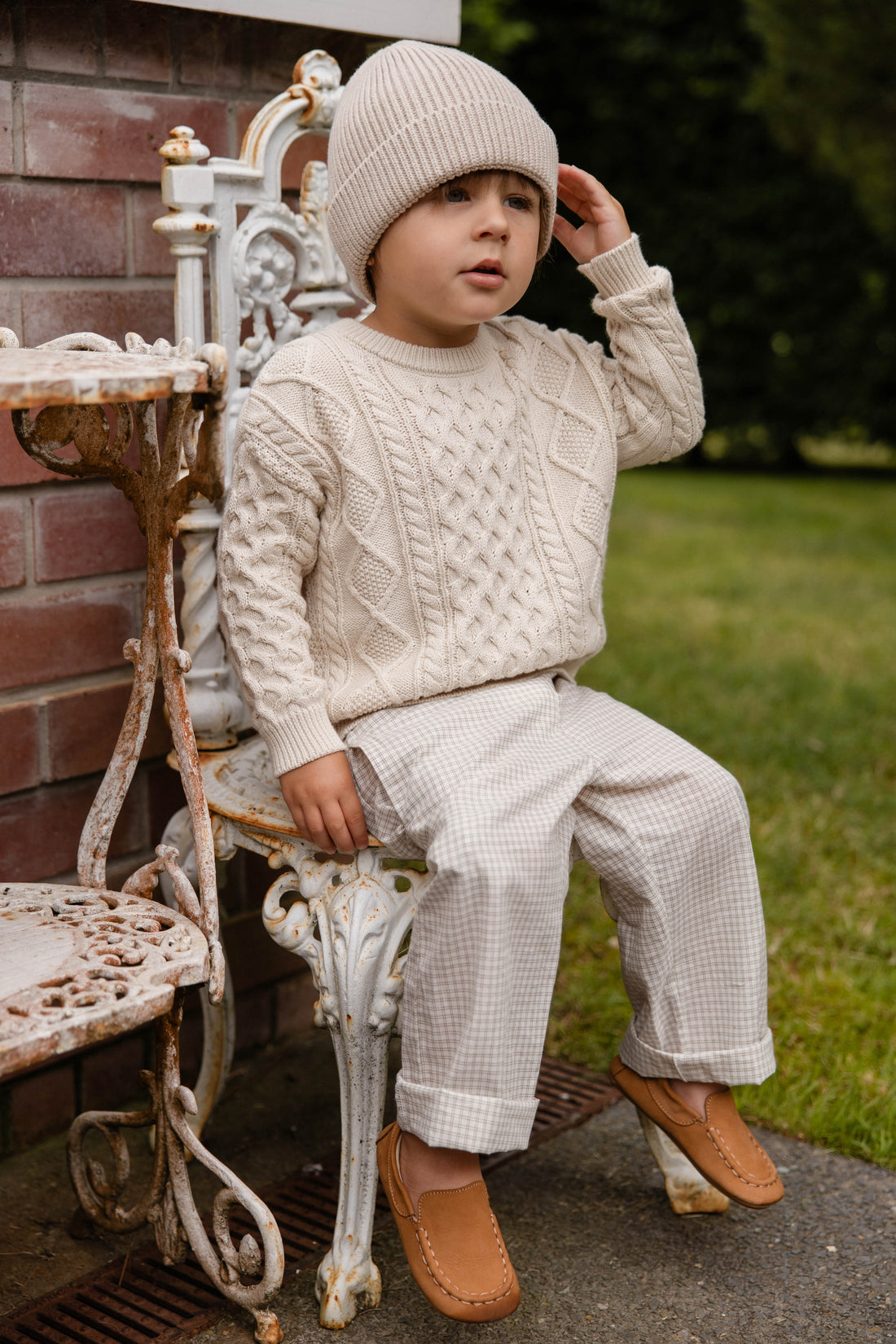 Organic Cotton Kenji Pant-Double Windowpane Check Pecan Childrens Pant from Jamie Kay Australia