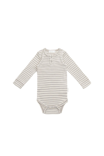 Organic Cotton Modal Long Sleeve Bodysuit - Narrow Stripe Gazelle/Oat Childrens Bodysuit from Jamie Kay Australia