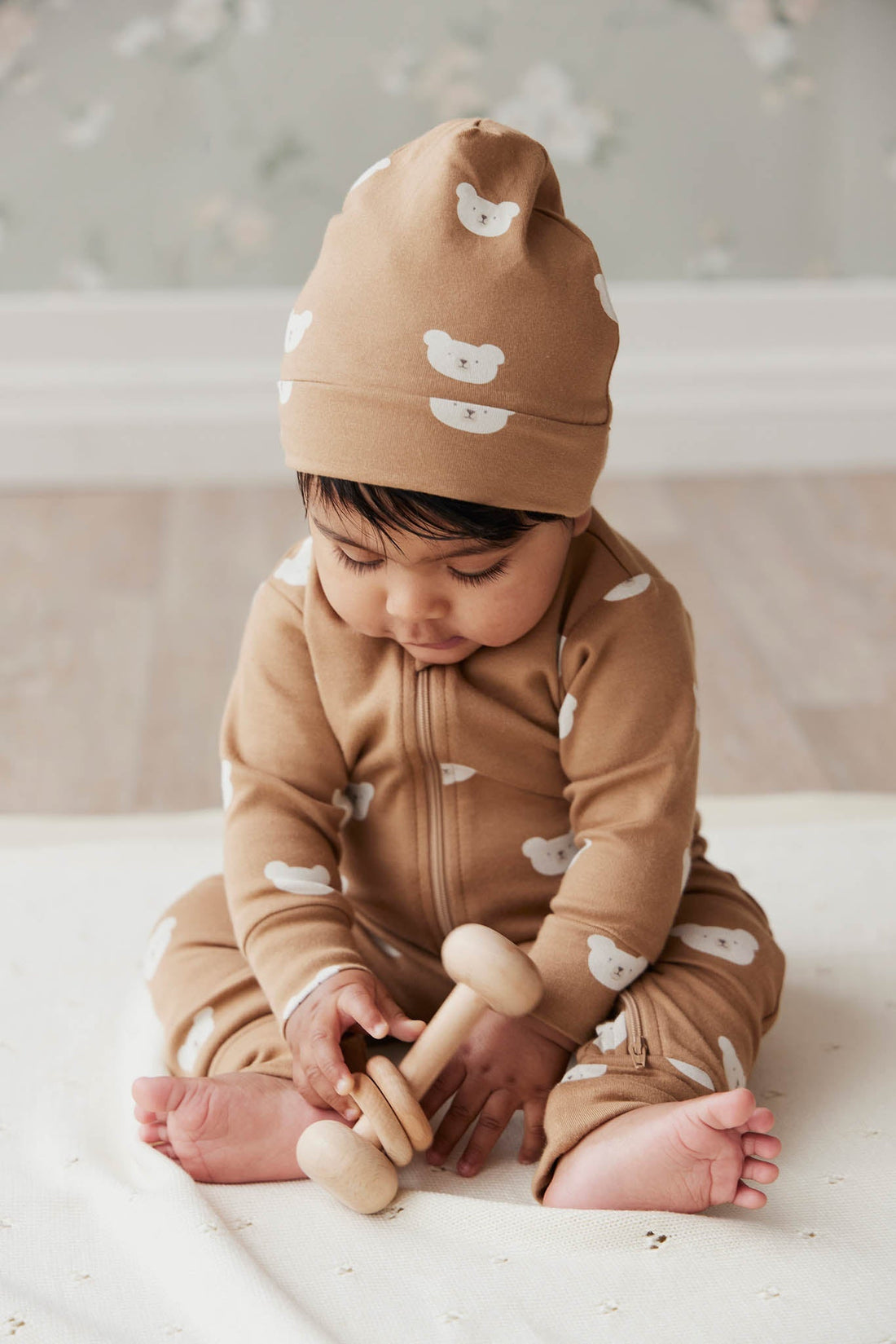 Organic Cotton Reese Beanie - Bears Caramel Cream Childrens Hat from Jamie Kay Australia