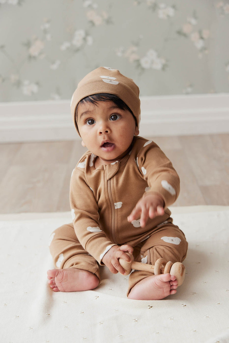 Organic Cotton Reese Beanie - Bears Caramel Cream Childrens Hat from Jamie Kay Australia