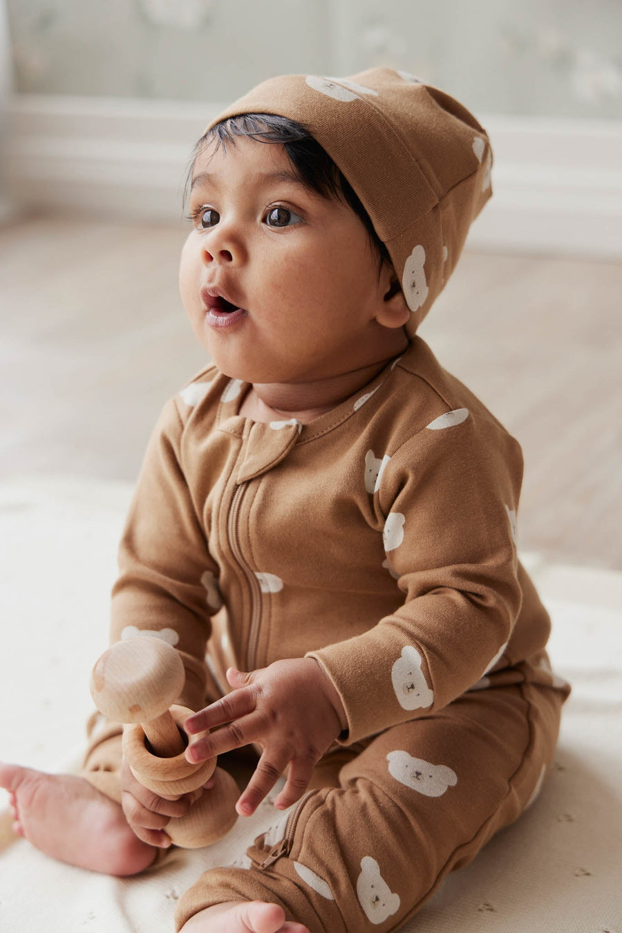 Organic Cotton Reese Beanie - Bears Caramel Cream Childrens Hat from Jamie Kay Australia