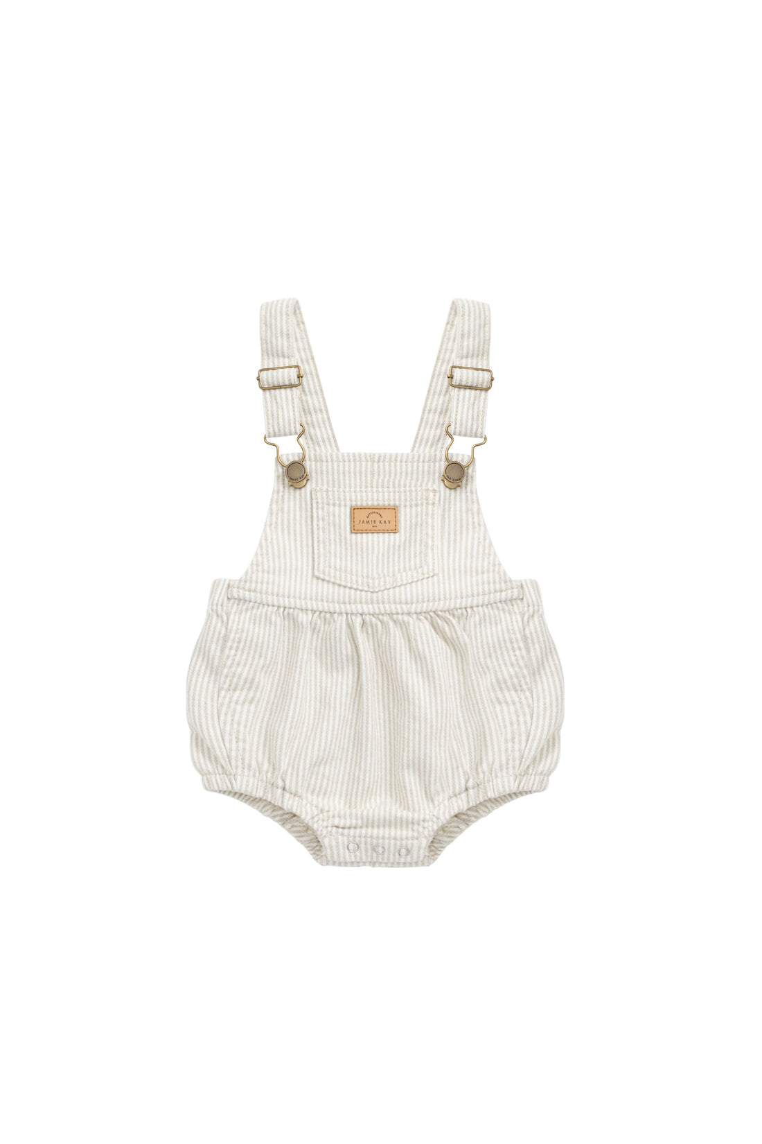 Pax Playsuit - Fine Vertical Stripe Sandy Brown/Cloud Childrens Playsuit from Jamie Kay Australia