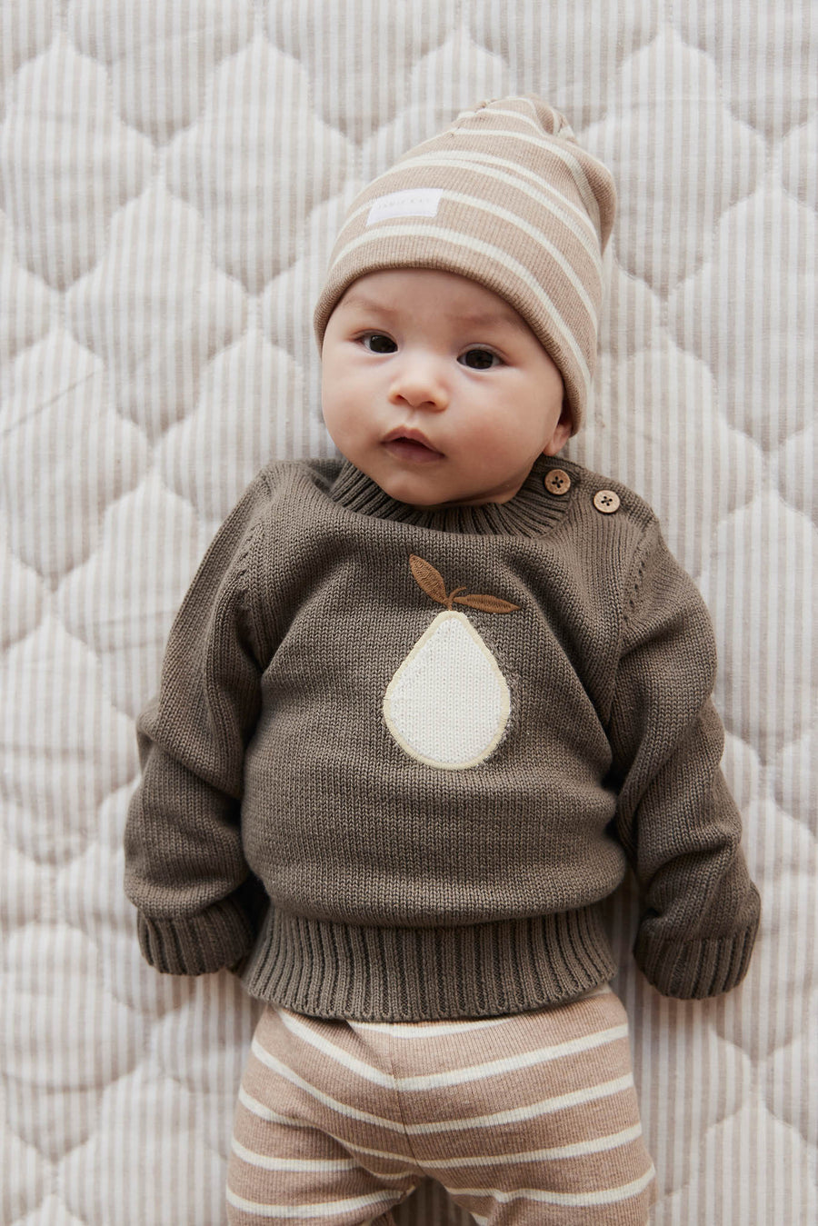 Organic Cotton Fine Rib Beanie - Elias Stripe Sable Marle Childrens Hat from Jamie Kay Australia