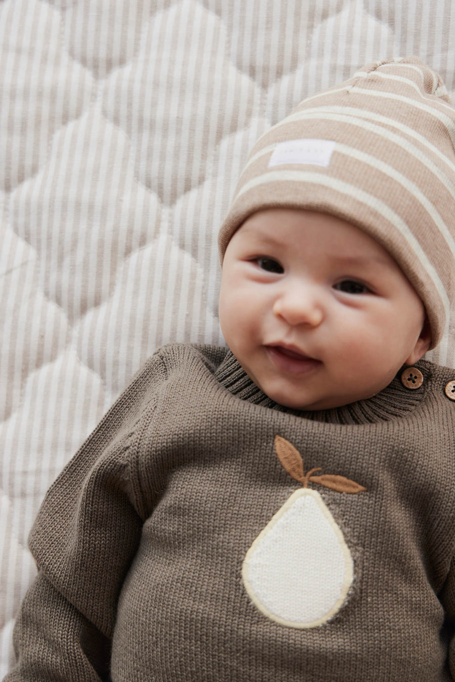 Organic Cotton Fine Rib Beanie - Elias Stripe Sable Marle Childrens Hat from Jamie Kay Australia