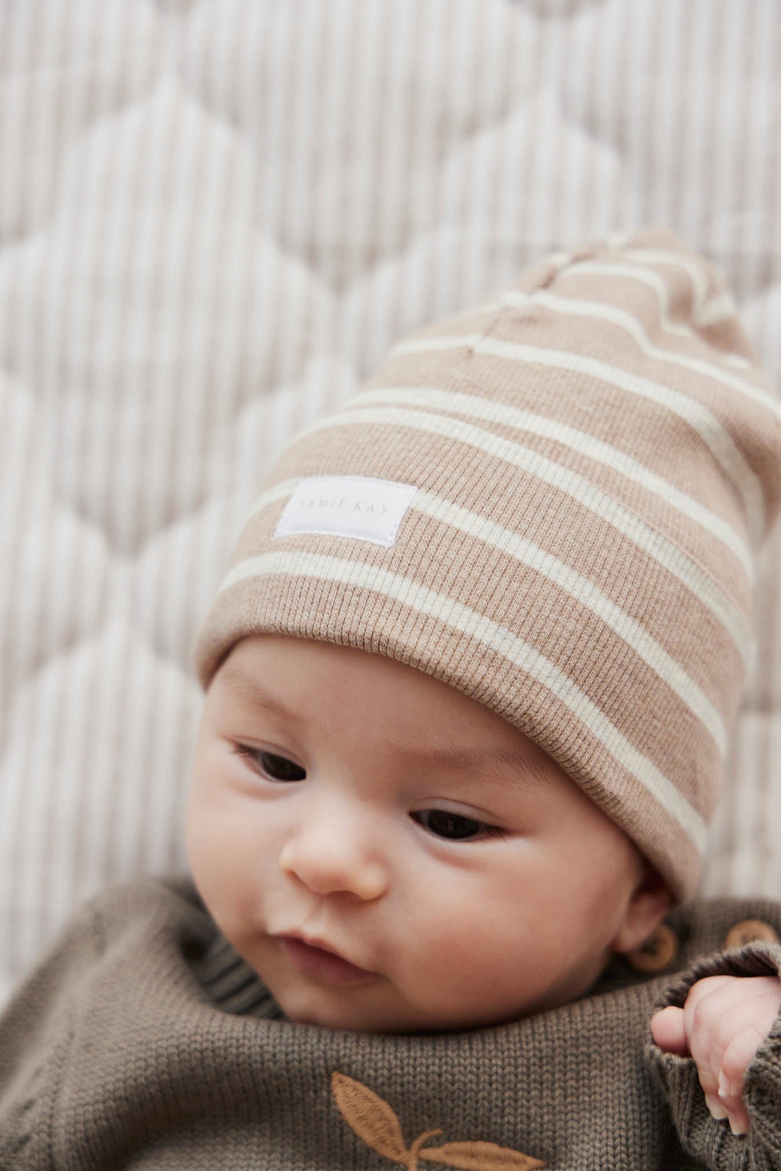 Organic Cotton Fine Rib Beanie - Elias Stripe Sable Marle Childrens Hat from Jamie Kay Australia