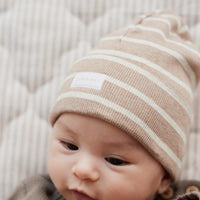 Organic Cotton Fine Rib Beanie - Elias Stripe Sable Marle Childrens Hat from Jamie Kay Australia