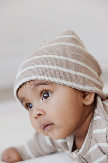 Organic Cotton Fine Rib Beanie - Elias Stripe Sable Marle Childrens Hat from Jamie Kay Australia