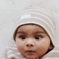 Organic Cotton Fine Rib Beanie - Elias Stripe Sable Marle Childrens Hat from Jamie Kay Australia